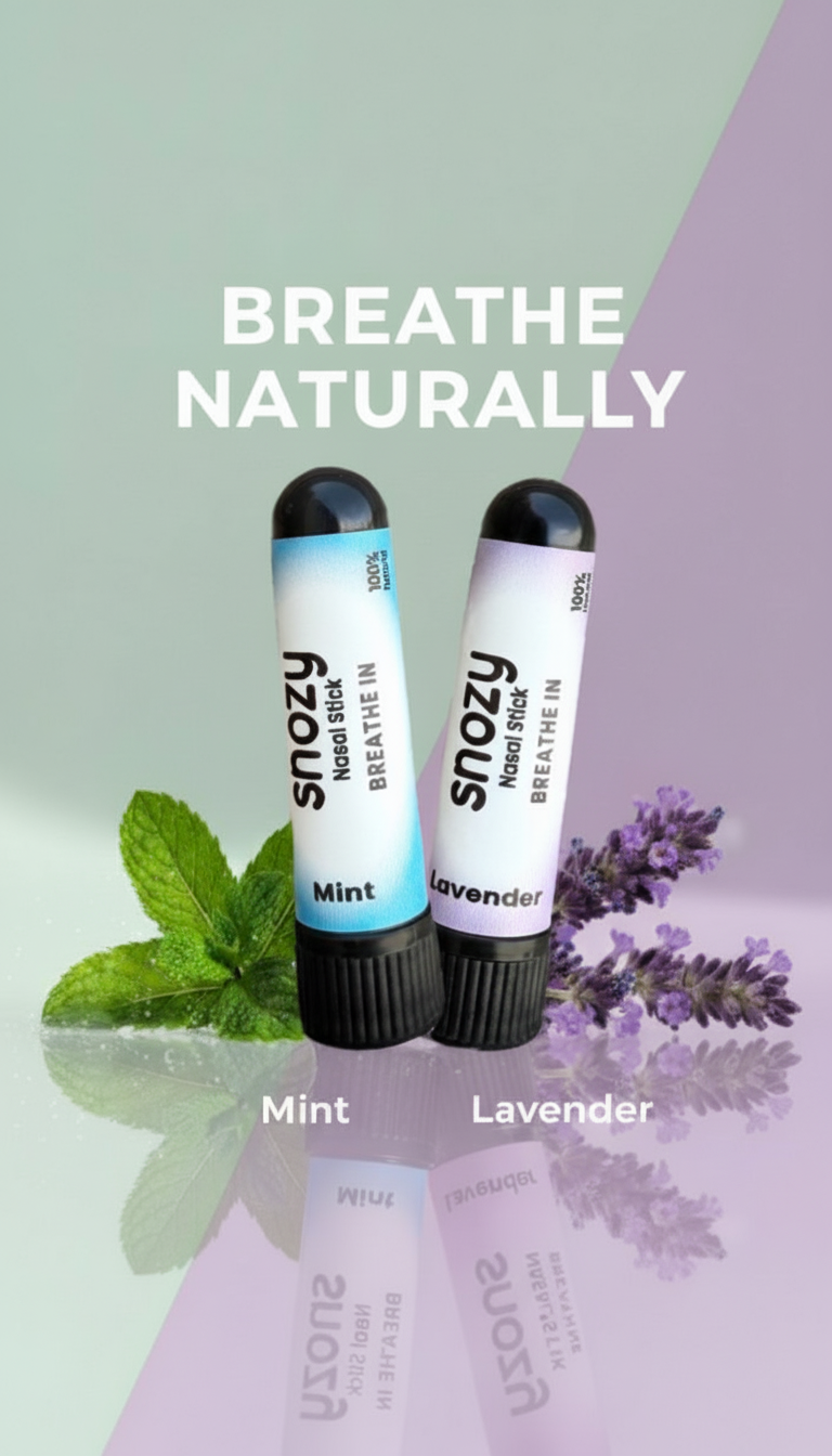 Two Snozy breathe naturally products with mint and lavender on a gradient background